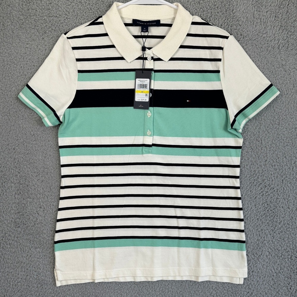 Tommy Hilfiger Shirt Polo Women Medium White Blue Stripe Stretch Rugby Logo NEW - Picture 3 of 8